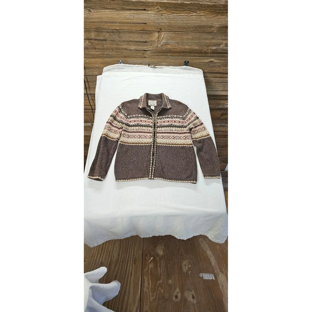 Heirloom Collectibles Brown Fair Isle Full Zip Cardigan Sweater Womens Small
